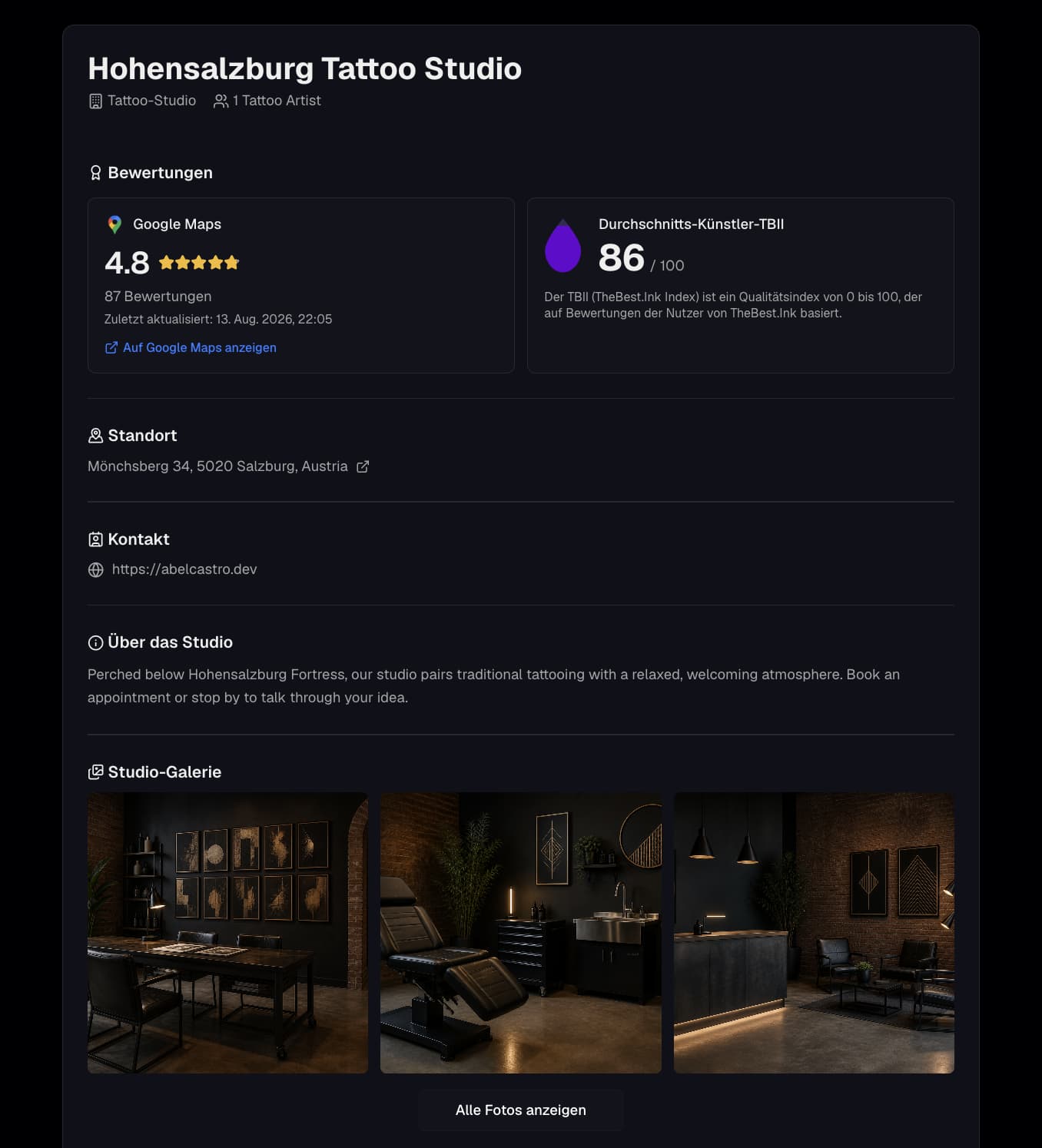Studioprofil mit einer Galerie aus drei Fotos des Tattoo Studios